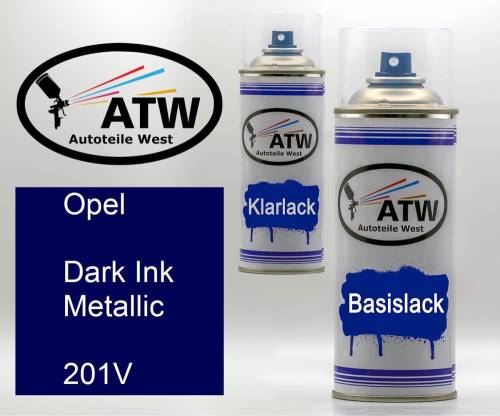 Opel, Dark Ink Metallic, 201V: 400ml Sprühdose + 400ml Klarlack - Set, von ATW Autoteile West.